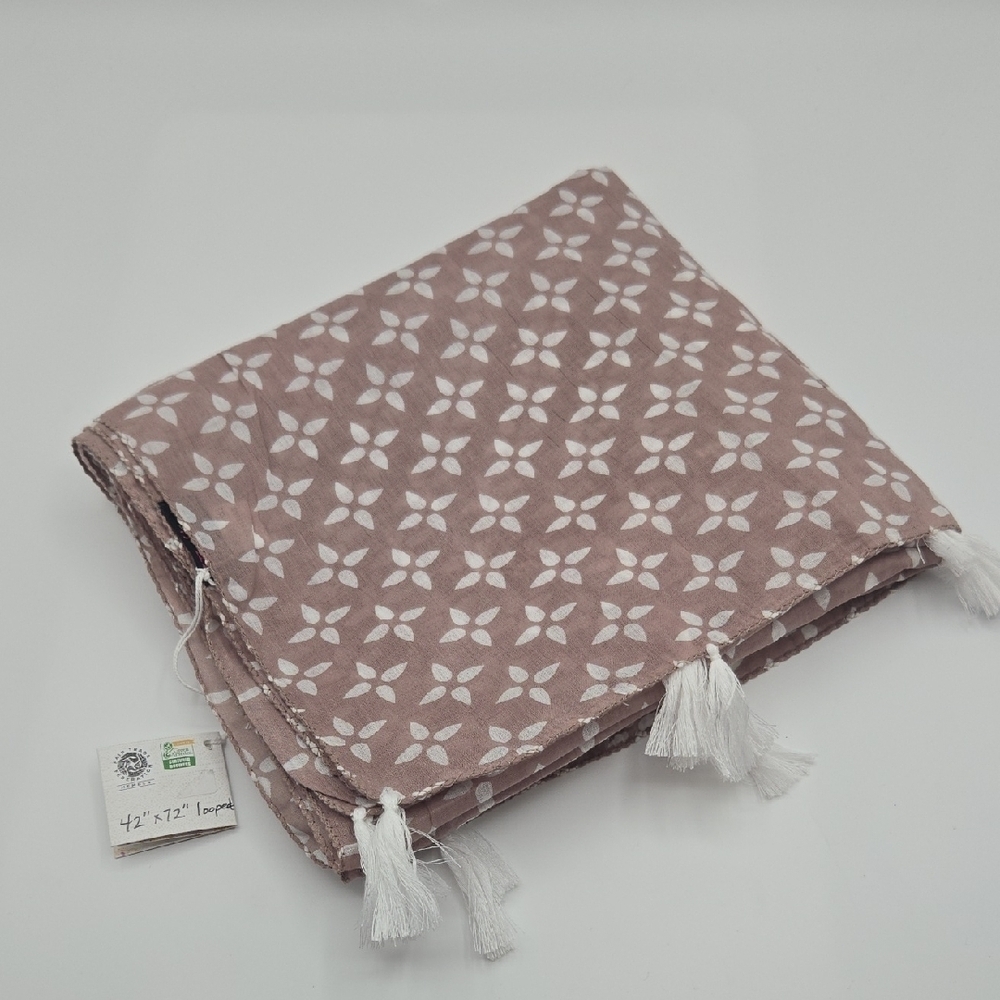World Finds | Tan Scarf White Print Tassels 42" x 72" NWT